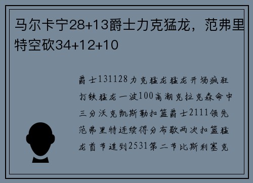马尔卡宁28+13爵士力克猛龙，范弗里特空砍34+12+10