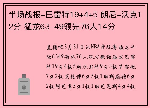 半场战报-巴雷特19+4+5 朗尼-沃克12分 猛龙63-49领先76人14分